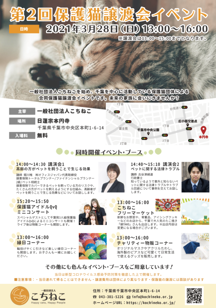 第2回保護猫譲渡会イベント実施のお知らせ 千葉市 一般社団法人こちねこ